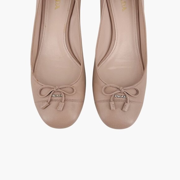 Prada Cap Toe Logo Ballet Pumps Heels Beige Leather Size 40 US 10 Block Heel